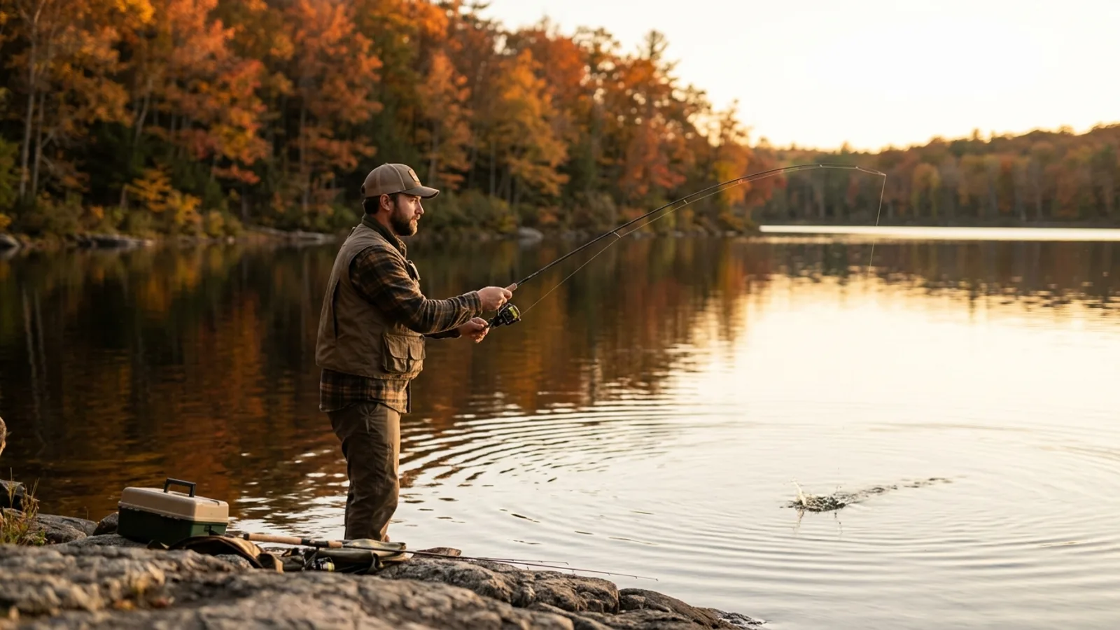 Angler casting for fall bass on a lake surrounded by autumn foliage